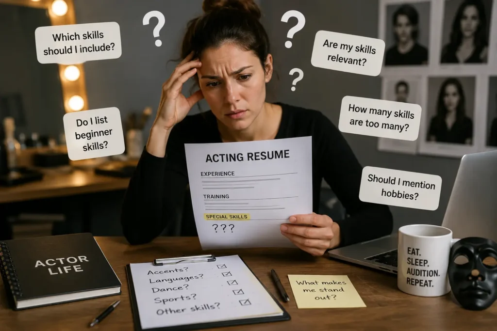 Special skills for acting resume illustration showing an actor deciding which acting skills to include, with common questions about relevant skills, hobbies, proficiency, and resume content.