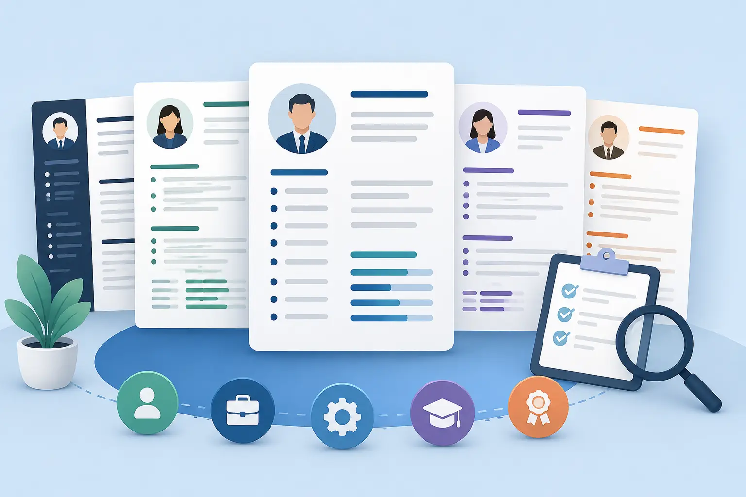 Illustration comparing the best resume formats with multiple professional resume templates, a recruiter checklist, and hiring evaluation icons.