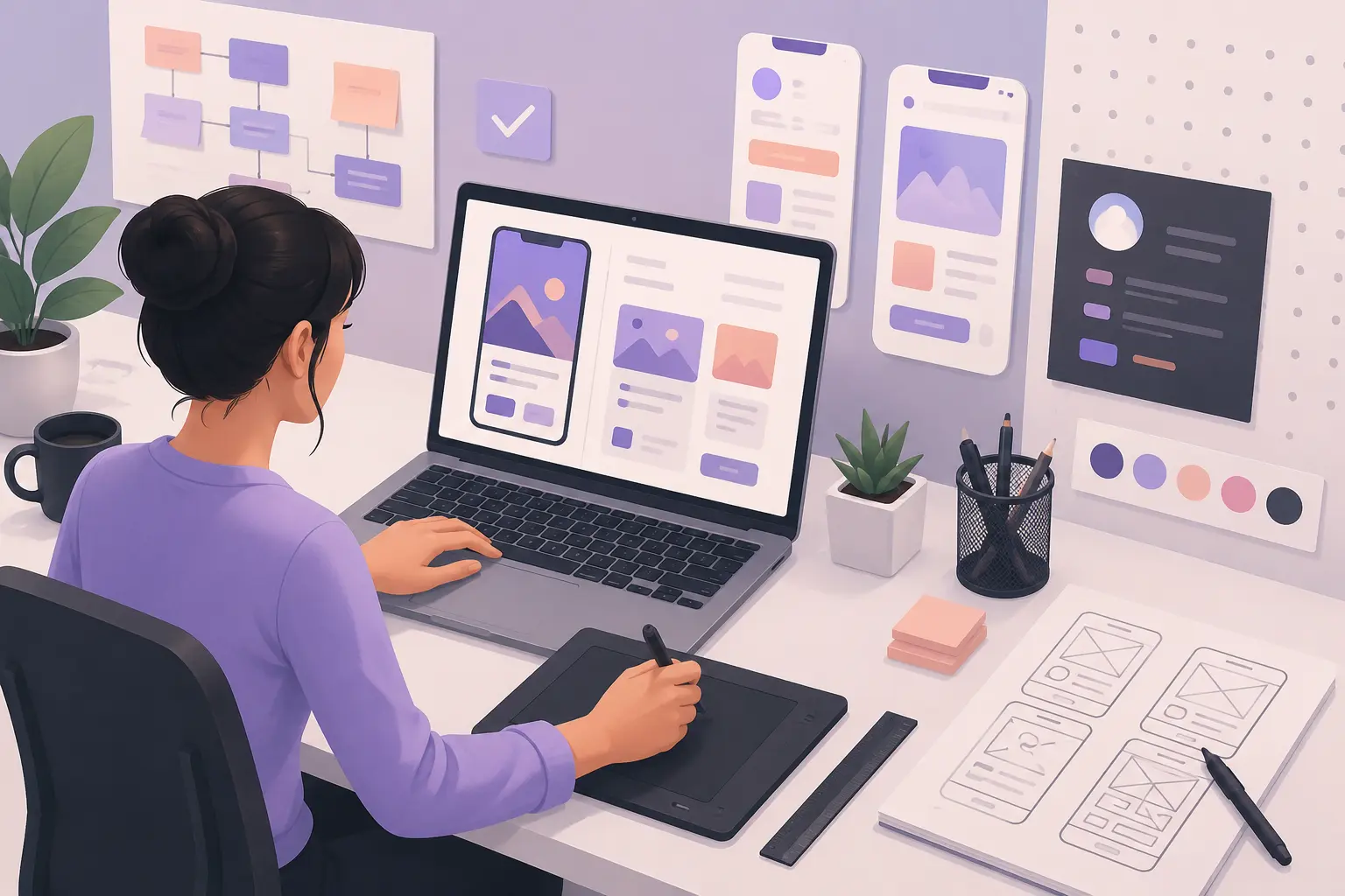 Modern UX designer creating website and mobile app wireframes at a digital workspace illustration for UX designer resume example
