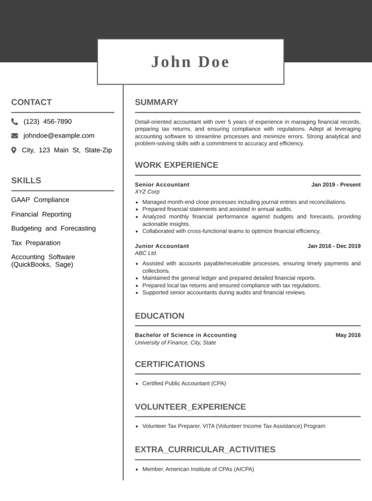Accountant resume templates highlighting financial reporting, general ledger management, accounting compliance, and bookkeeping expertise.