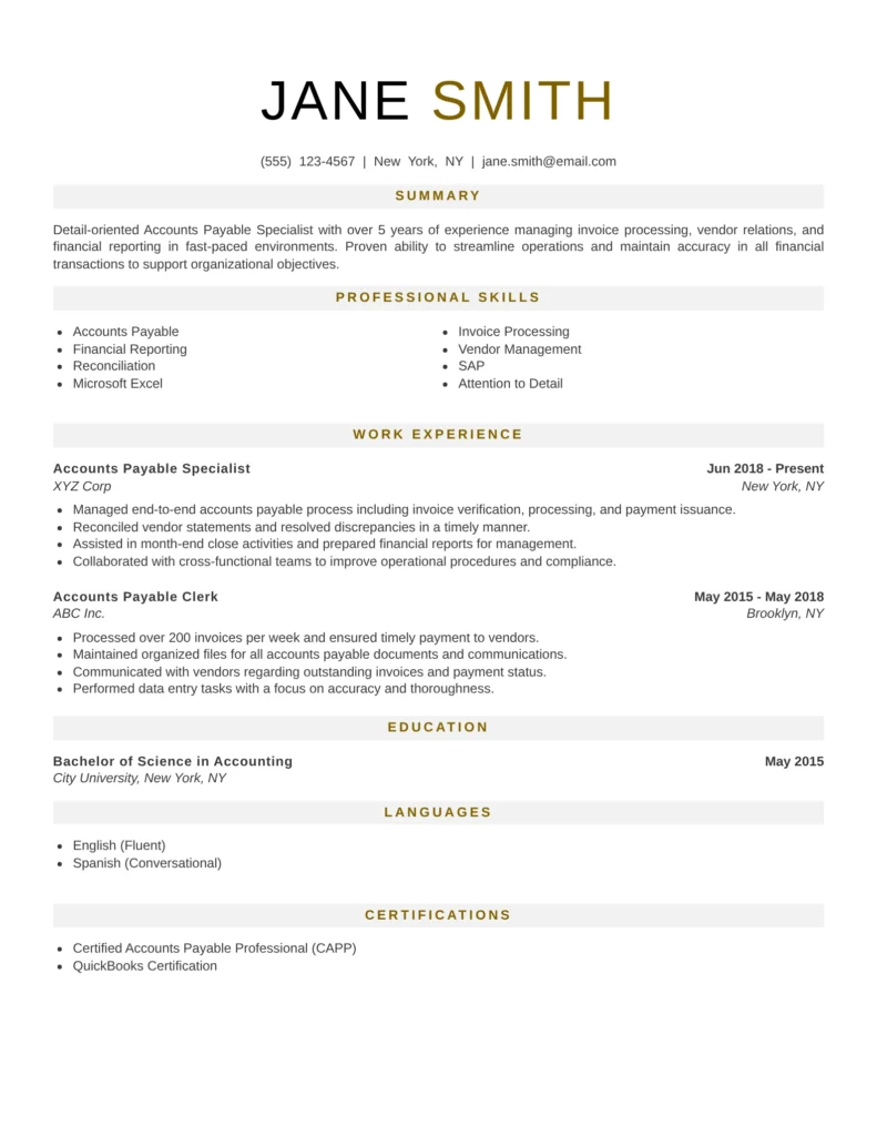 Accounts Payable resume templates highlighting invoice processing, vendor management, payment reconciliation, and expense tracking.