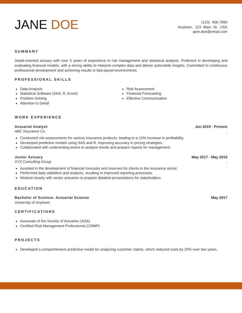 Actuary resume templates featuring statistical modeling, insurance risk analysis, financial forecasting, and actuarial expertise.