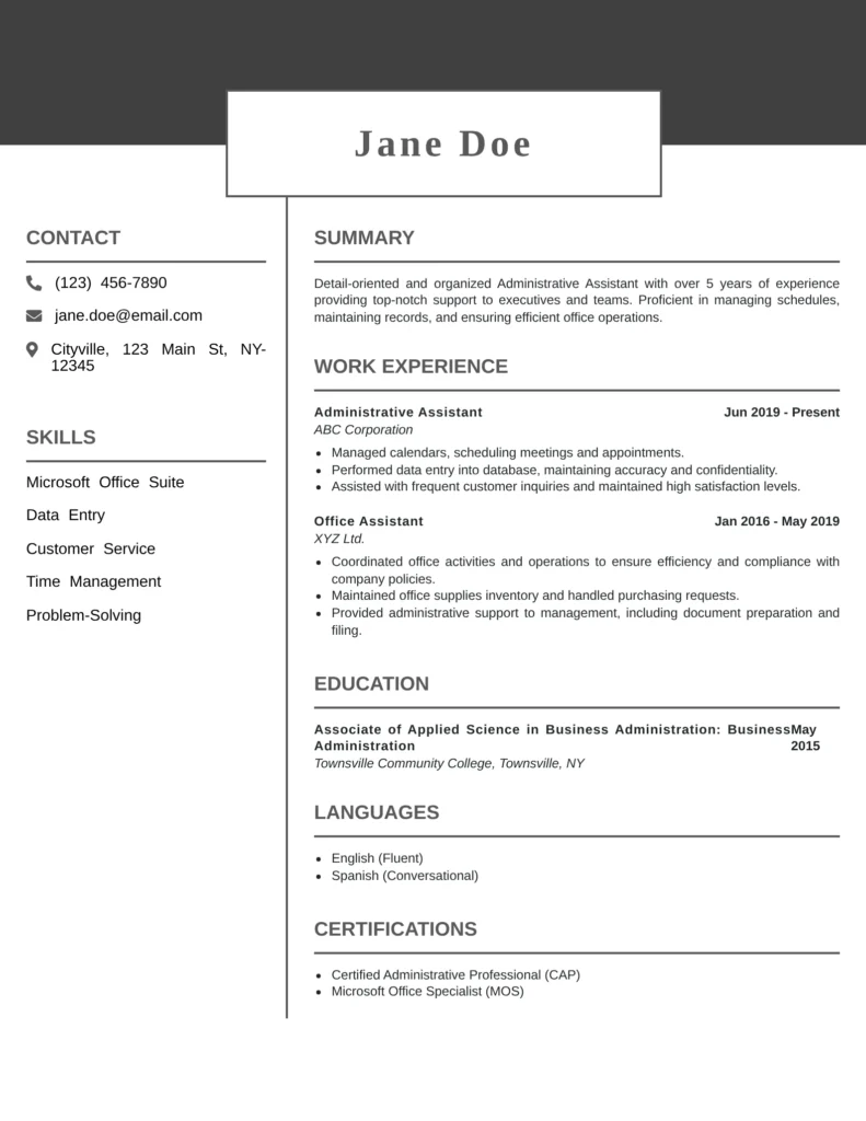 Administrative Assistant resume example with ATS-friendly layout highlighting office management skills, work experience, certifications, and professional resume format.
