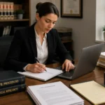 Cover Letter for Paralegal professional writing at a modern law office, showing a paralegal drafting legal documents beside a laptop, case files, and legal reference books.