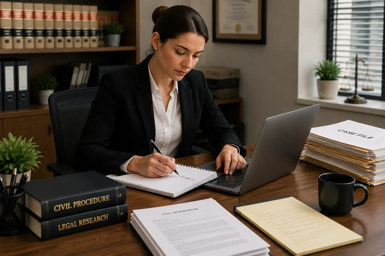 Cover Letter for Paralegal professional writing at a modern law office, showing a paralegal drafting legal documents beside a laptop, case files, and legal reference books.