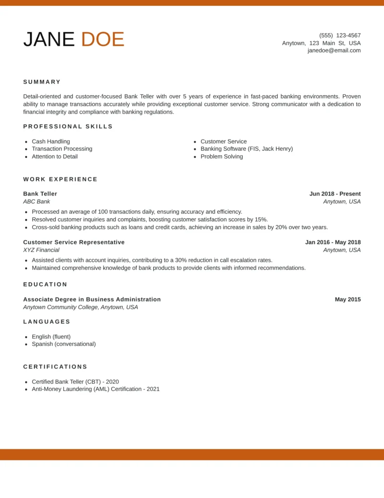 Bank Teller resume templates highlighting cash handling, customer service, banking transactions, and financial operations.