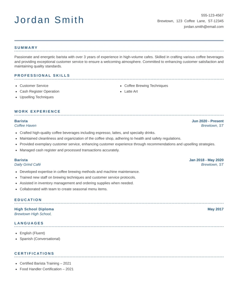 Professional Resume Templates For Services Job Family featuring a modern barista resume template with sections for summary, professional skills, work experience, education, languages, and certifications, designed for café, coffee shop, and customer service positions.