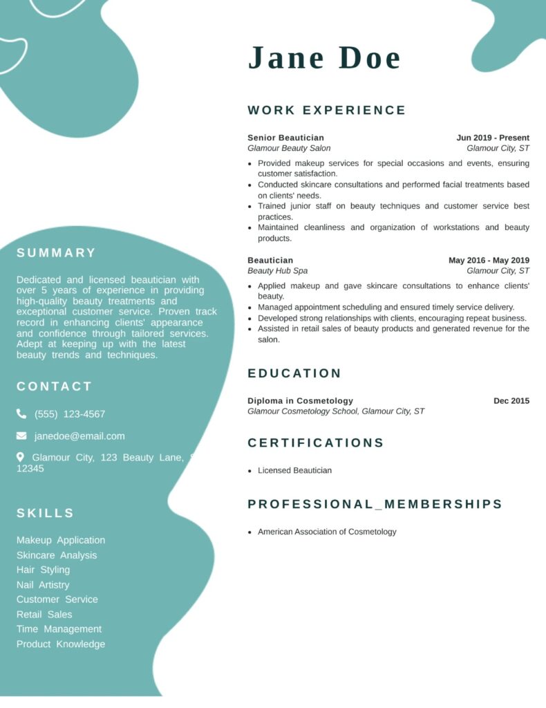 Beautician Resume template example featuring an ATS-friendly layout highlighting beauty treatments, client care, technical skills, certifications, and professional experience.