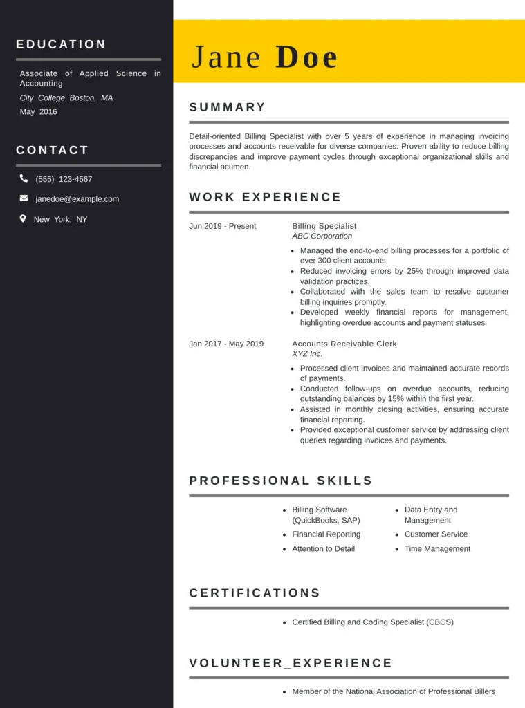 Billing Specialist resume templates featuring invoicing, billing accuracy, account reconciliation, and financial record management.