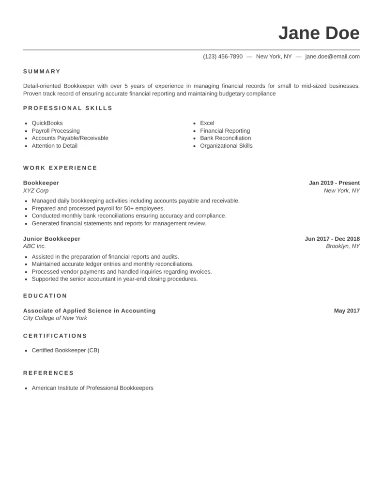 Bookkeeper resume templates showcasing bookkeeping, payroll support, financial recordkeeping, and account reconciliation skills.