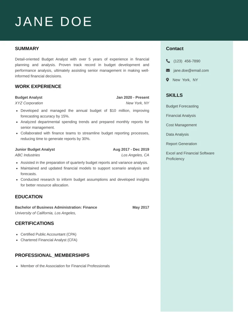 Budget Analyst resume templates featuring budget planning, cost analysis, financial forecasting, and resource allocation.