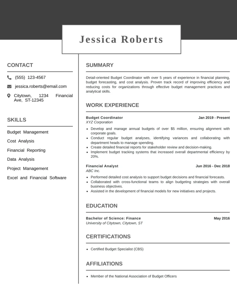Budget Coordinator resume templates highlighting budget preparation, financial monitoring, reporting, and departmental coordination.