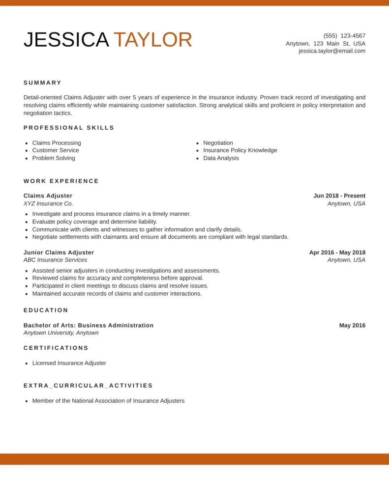 Claims Adjuster resume templates showcasing claims investigations, policy evaluation, settlement negotiations, and insurance compliance.