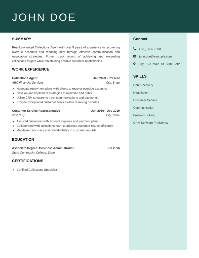Collections Agent resume templates featuring debt recovery, payment negotiations, customer communication, and account management.