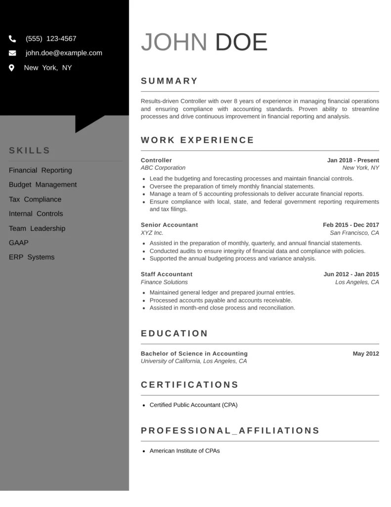 Controller resume templates featuring financial leadership, budgeting, internal controls, compliance, and strategic financial management.