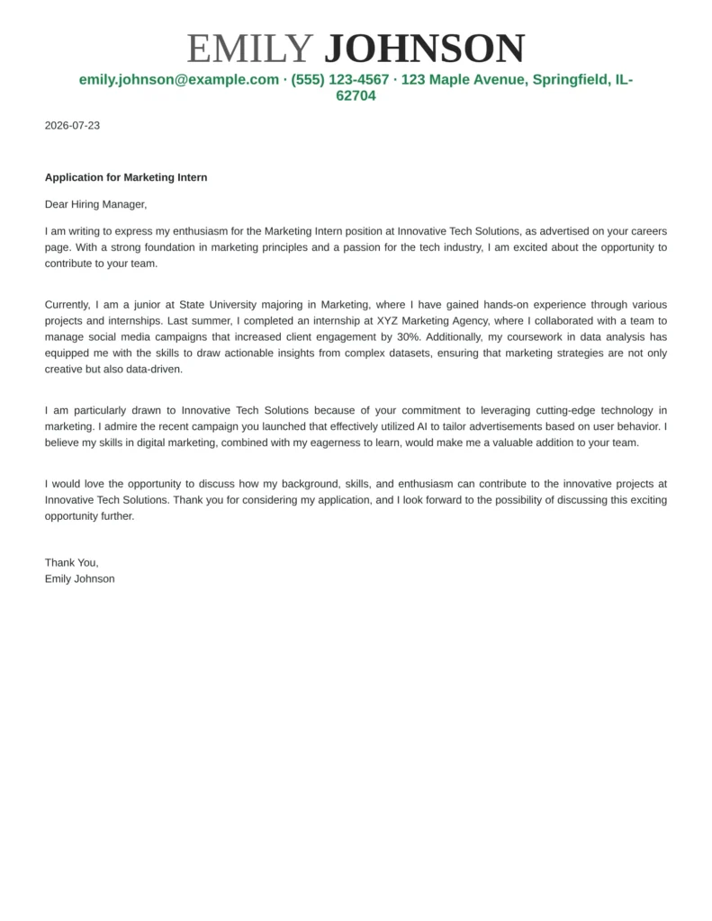 Cover Letter for an Internship example emphasizing academic achievements, relevant skills, and motivation to gain practical experience.
