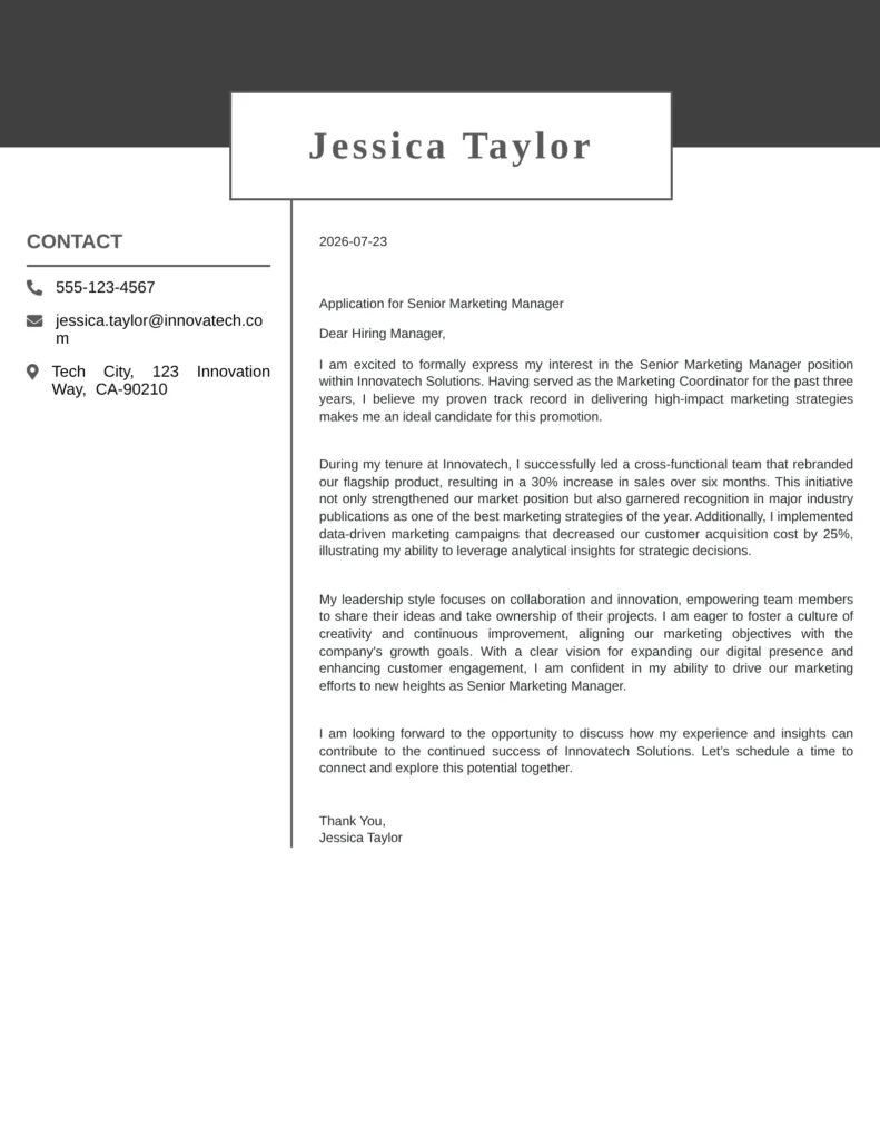 Cover Letter for Promotion example showcasing leadership achievements, professional growth, and readiness for career advancement.