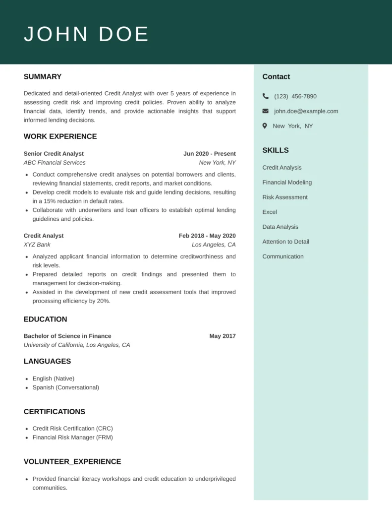 Credit Analyst resume templates showcasing credit evaluation, financial statement analysis, lending decisions, and risk assessment.