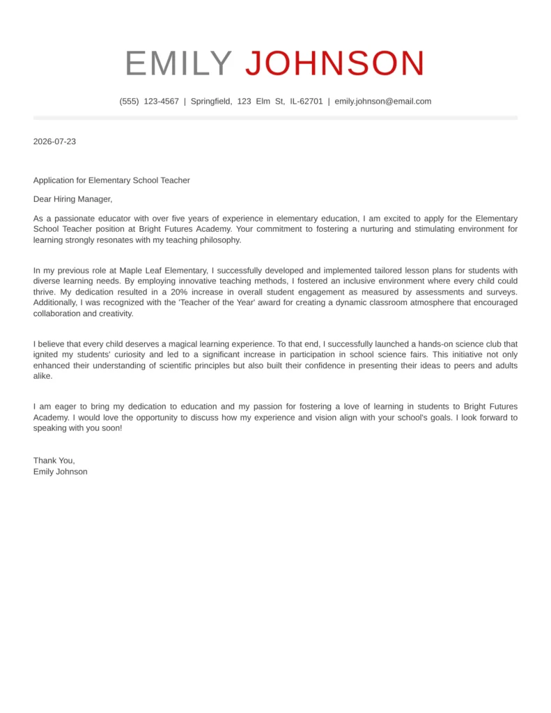 Education Job cover letter example featuring teaching qualifications, communication skills, and a commitment to student success.