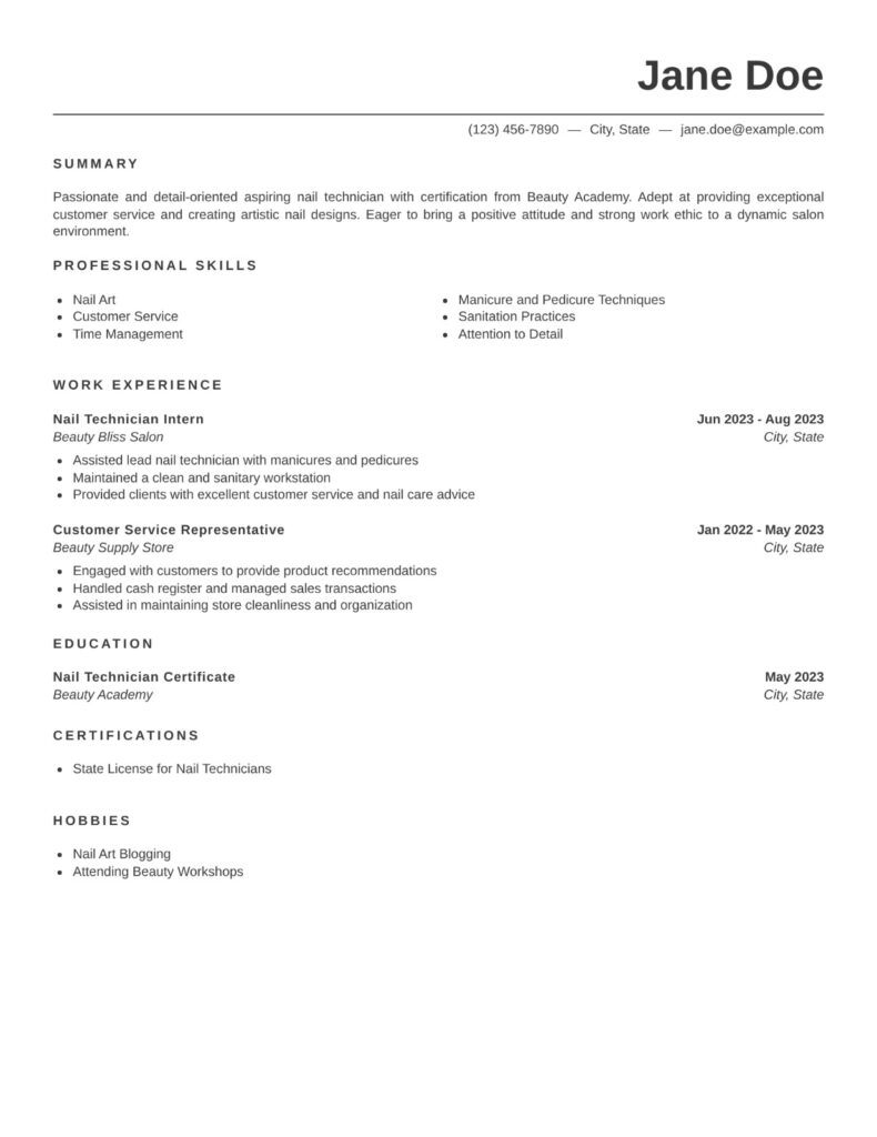 Entry-level Nail Tech Resume template showcasing an ATS-friendly layout for beginners with skills, education, certifications, and work experience sections.
