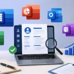 Illustration of a resume on a laptop surrounded by Microsoft Office productivity app icons