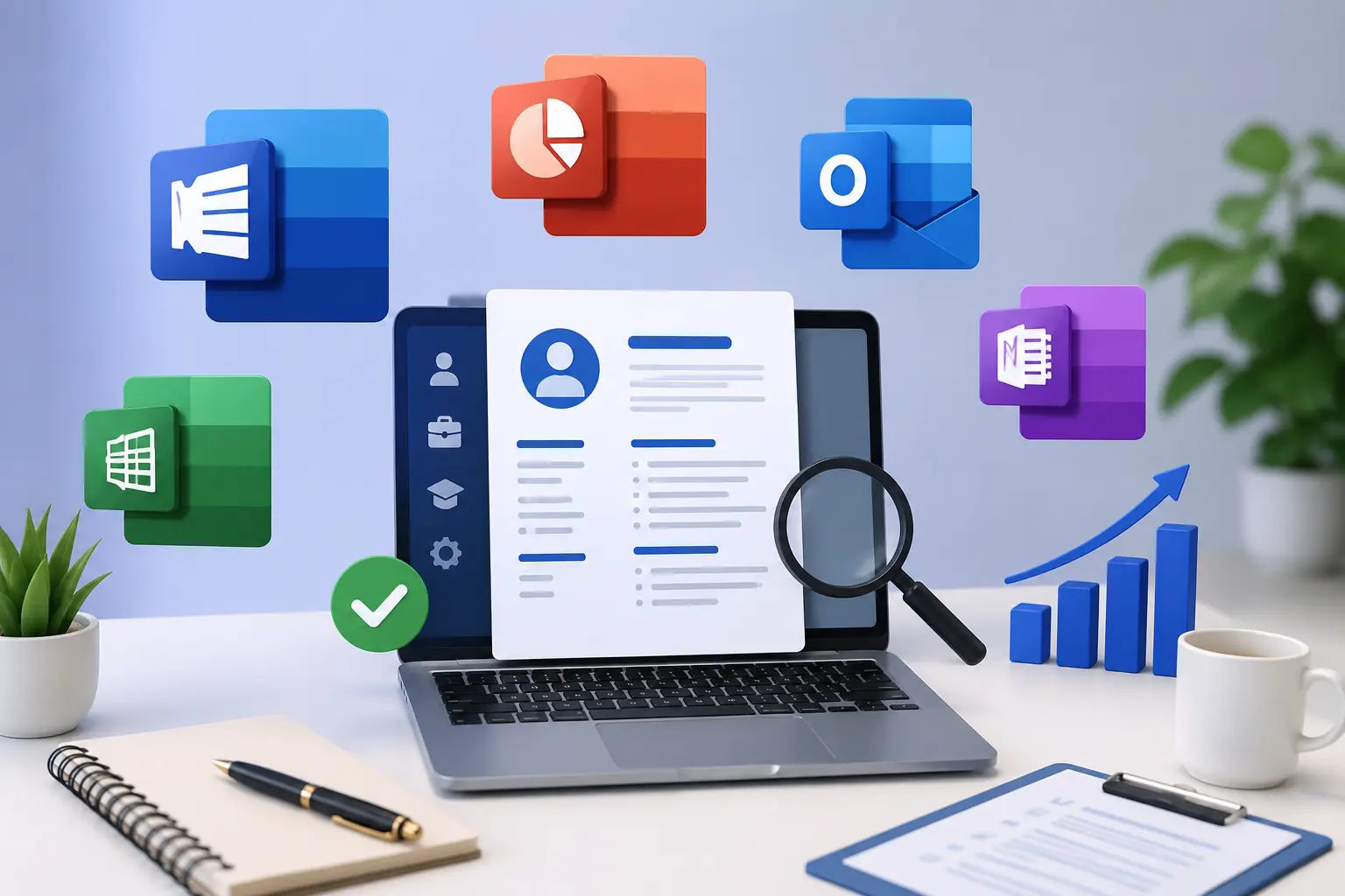Illustration of a resume on a laptop surrounded by Microsoft Office productivity app icons
