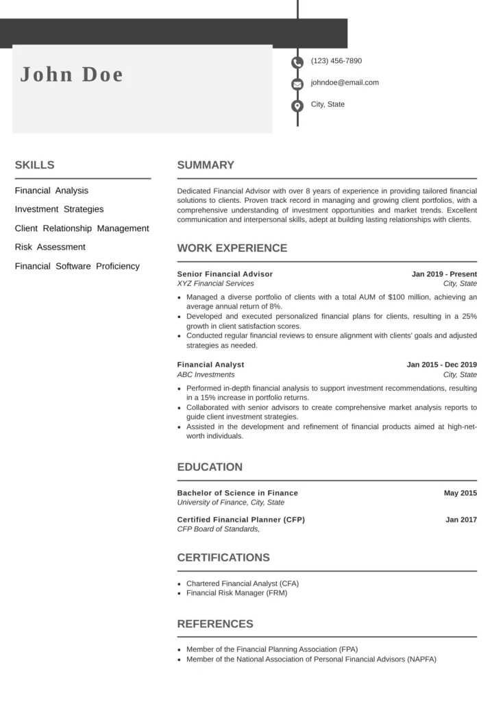 Financial Advisor resume templates showcasing investment planning, wealth management, financial advising, and client relationship management.