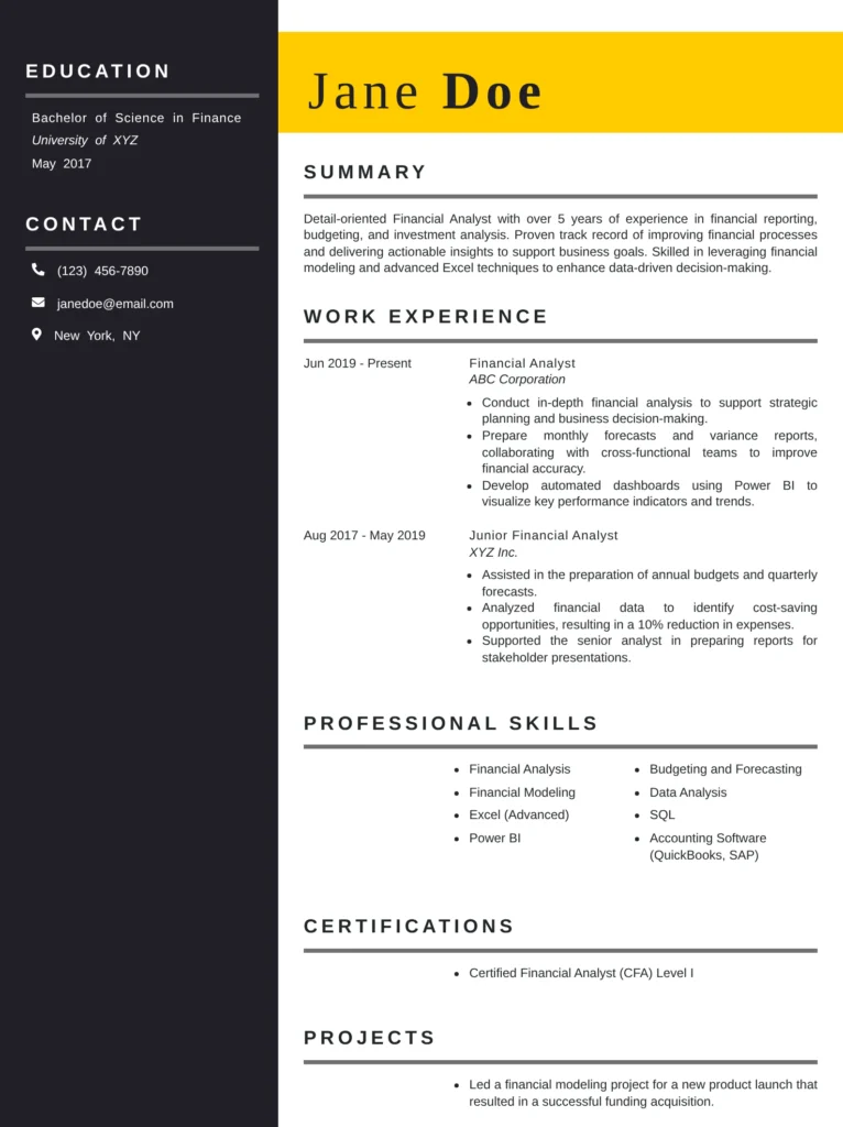 Financial Analyst resume templates showcasing financial forecasting, investment analysis, budgeting, and business performance insights.
