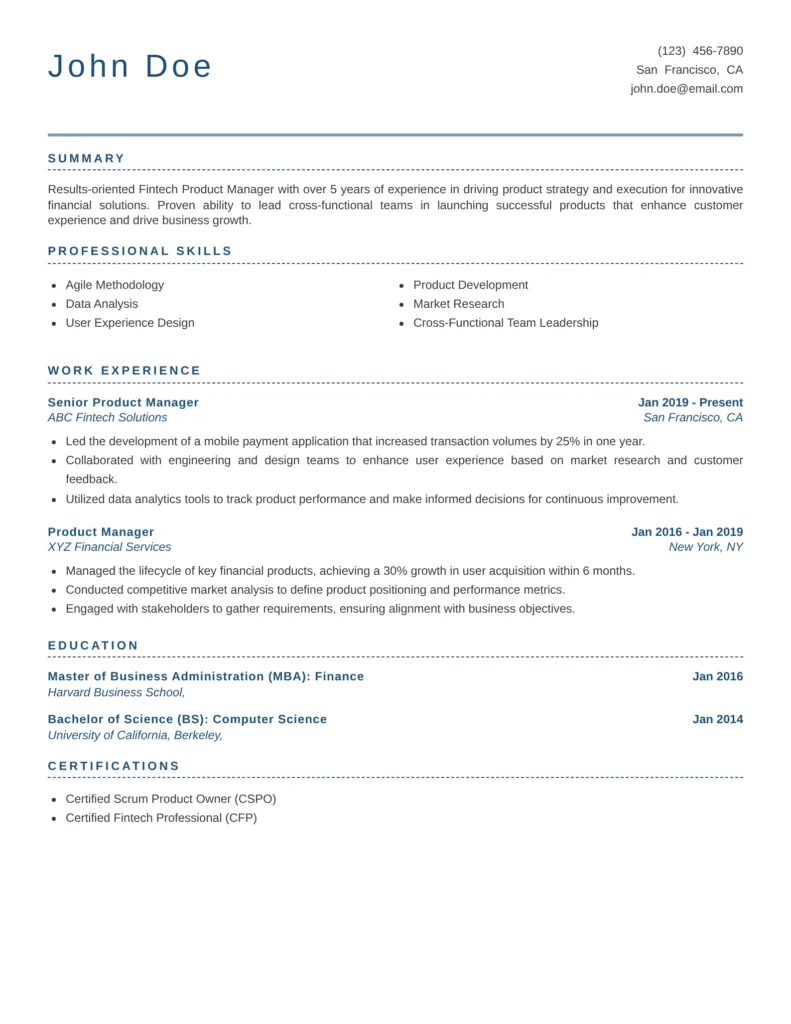 Fintech Product Manager resume templates featuring product strategy, financial technology, stakeholder collaboration, and digital innovation