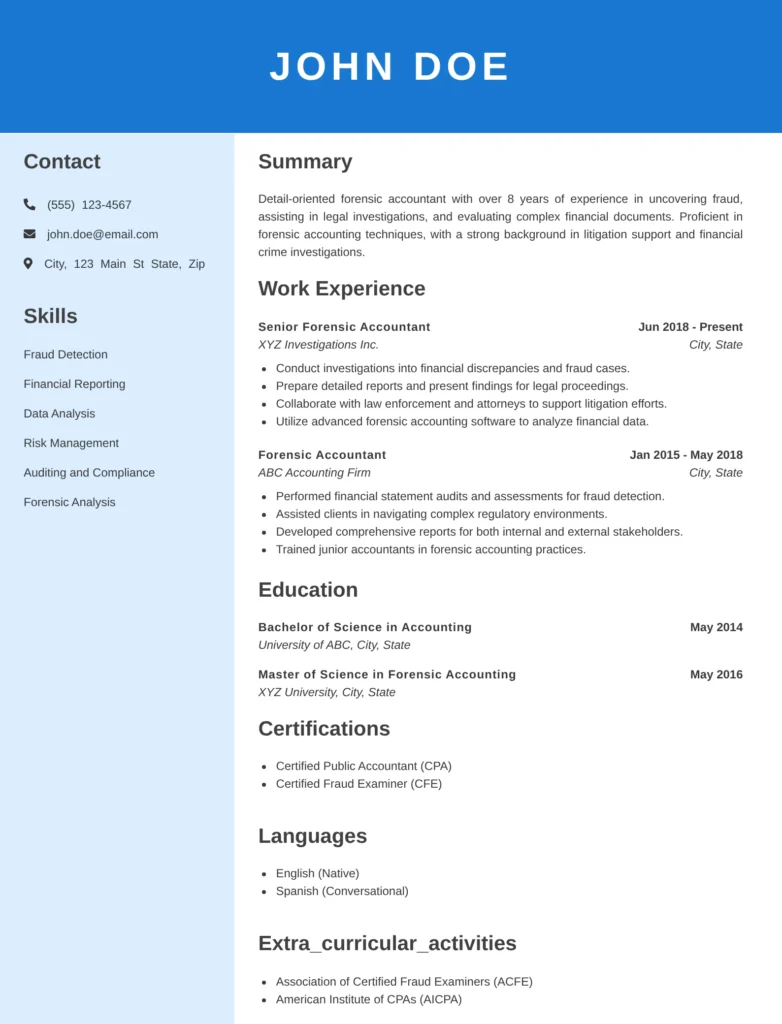 Forensic Accountant resume templates featuring fraud investigations, litigation support, forensic accounting, and financial analysis.