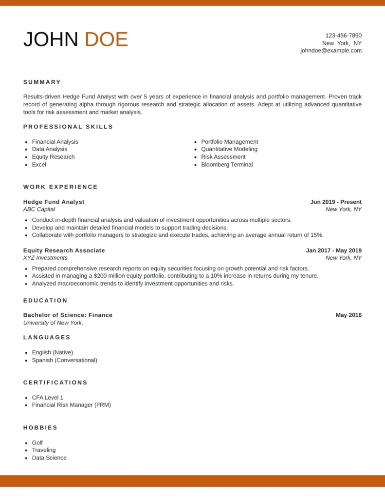 Hedge Fund Analyst resume templates highlighting investment research, financial modeling, market analysis, and portfolio evaluation
