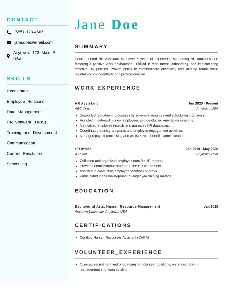 HR Assistant resume example with ATS-friendly layout showcasing recruitment, onboarding, HRIS, employee relations, payroll support, certifications, and professional work experience.