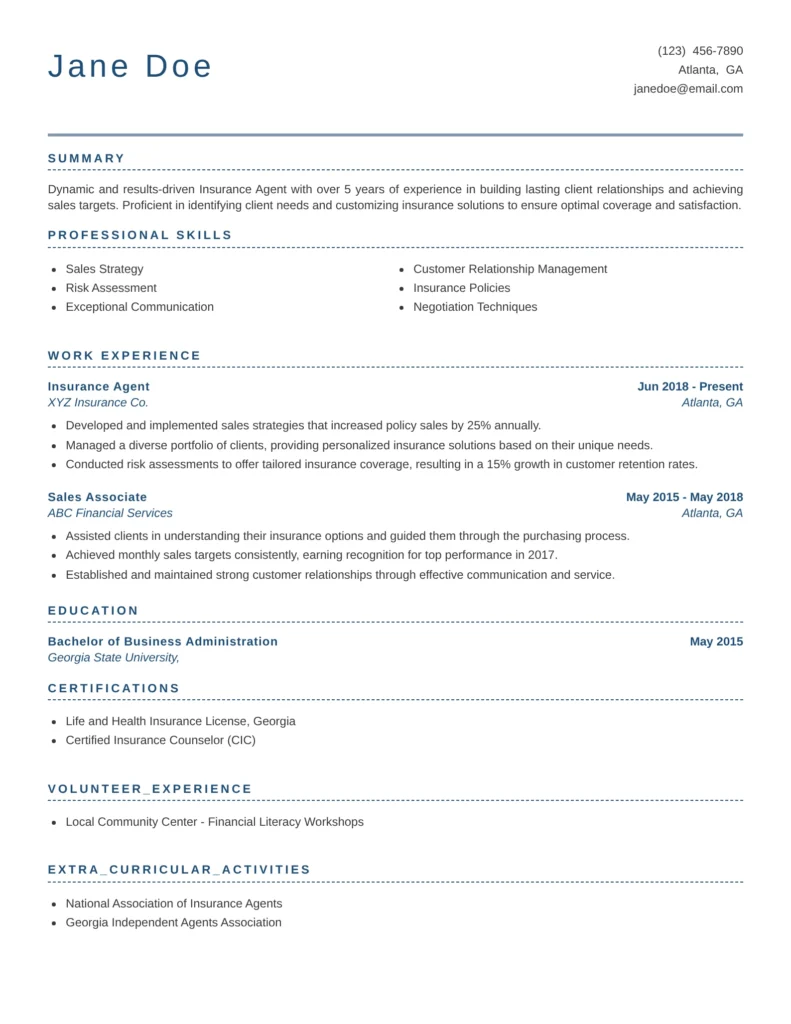 Insurance Agent resume templates highlighting policy sales, client advising, relationship management, and insurance product expertise.