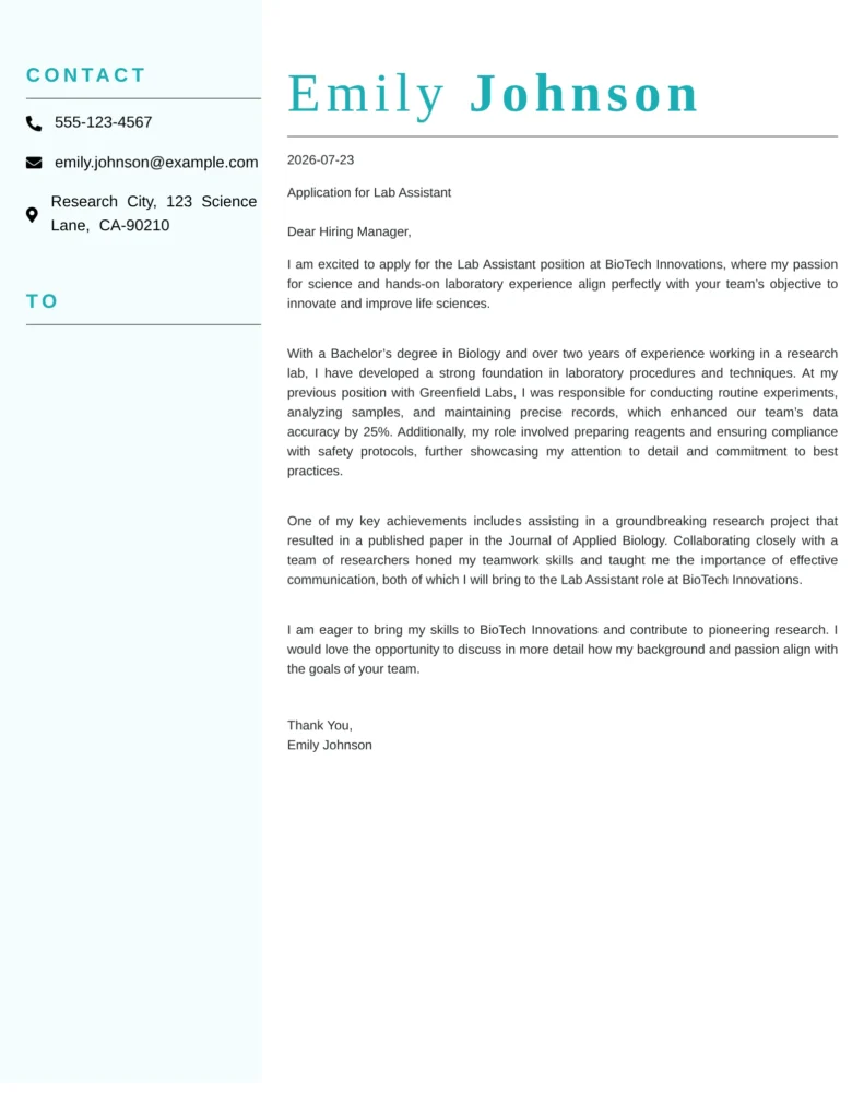 Lab Assistant cover letter example highlighting laboratory skills, technical expertise, research support, and attention to detail.