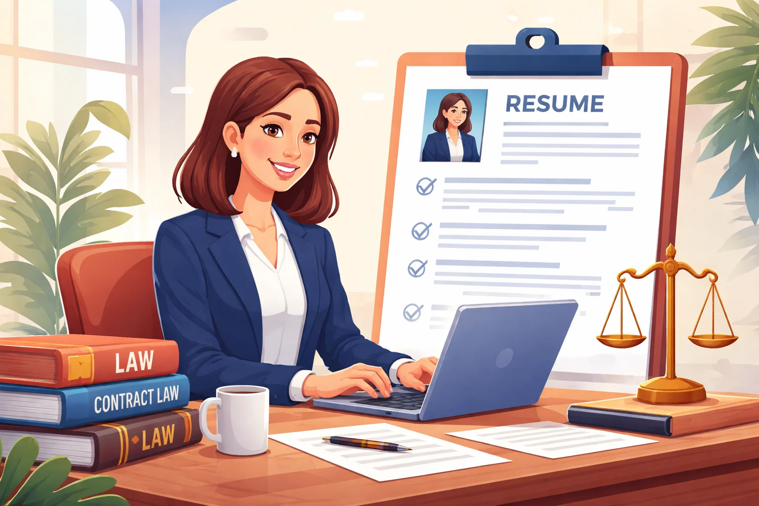 Legal Secretary reviewing a professional legal secretary resume at a law office desk