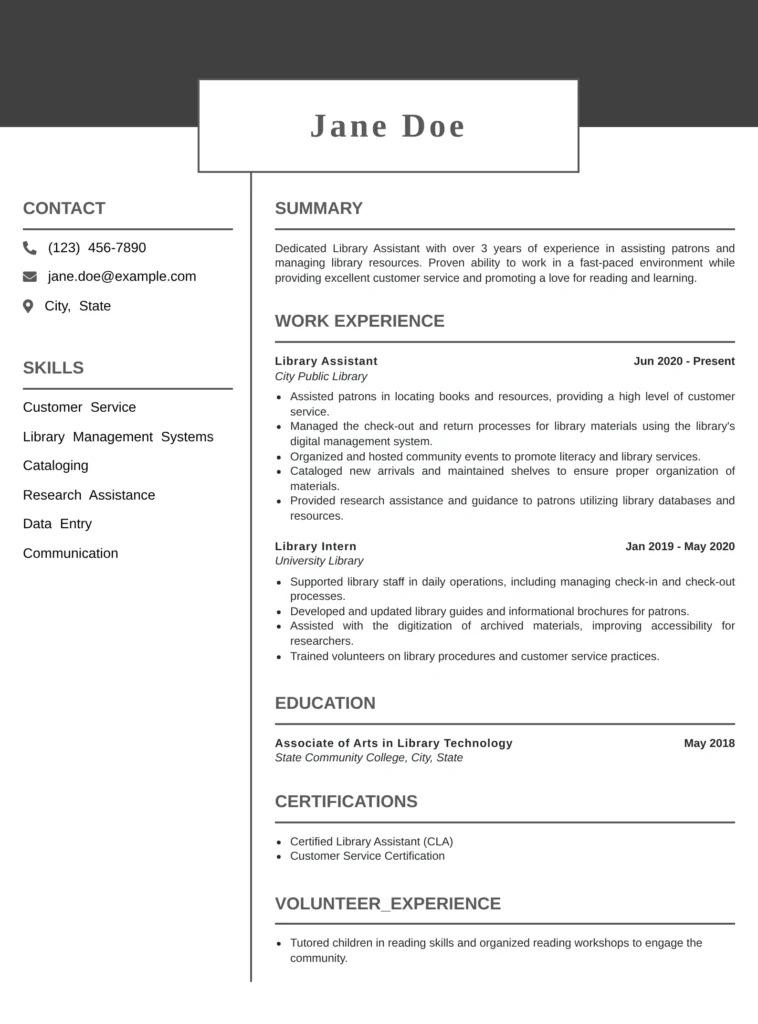 Library Assistant resume example with ATS-friendly format showcasing cataloging, library management systems, customer service, research assistance, certifications, and professional experience.