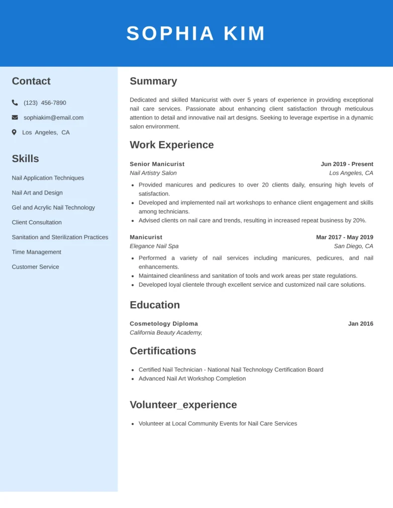 Manicurist Resume template example featuring an ATS-friendly layout that highlights manicure and pedicure skills, client service experience, certifications, and professional achievements.