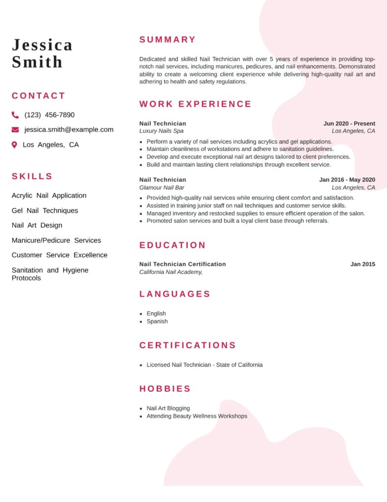 Mid-level Nail Tech Resume template featuring a professional ATS-friendly format that highlights salon experience, technical skills, certifications, and career achievements.