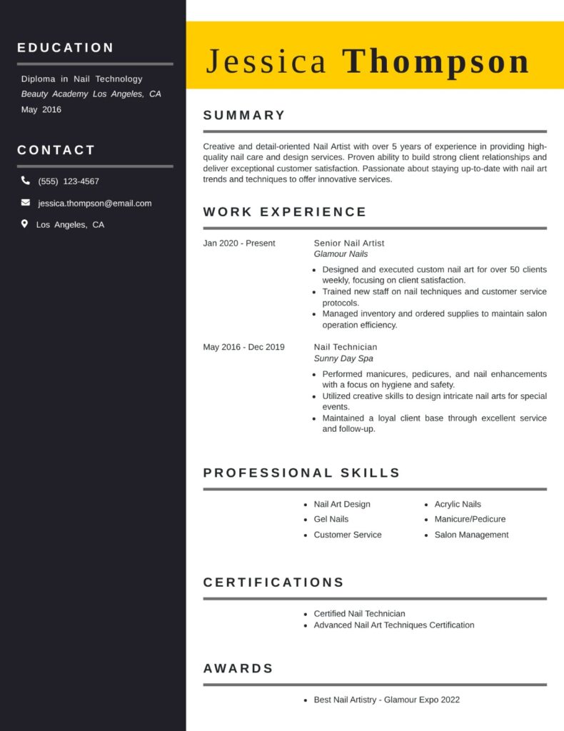 Nail Artist Resume template example featuring an ATS-friendly layout highlighting nail art expertise, creative design skills, client service, certifications, and professional experience.