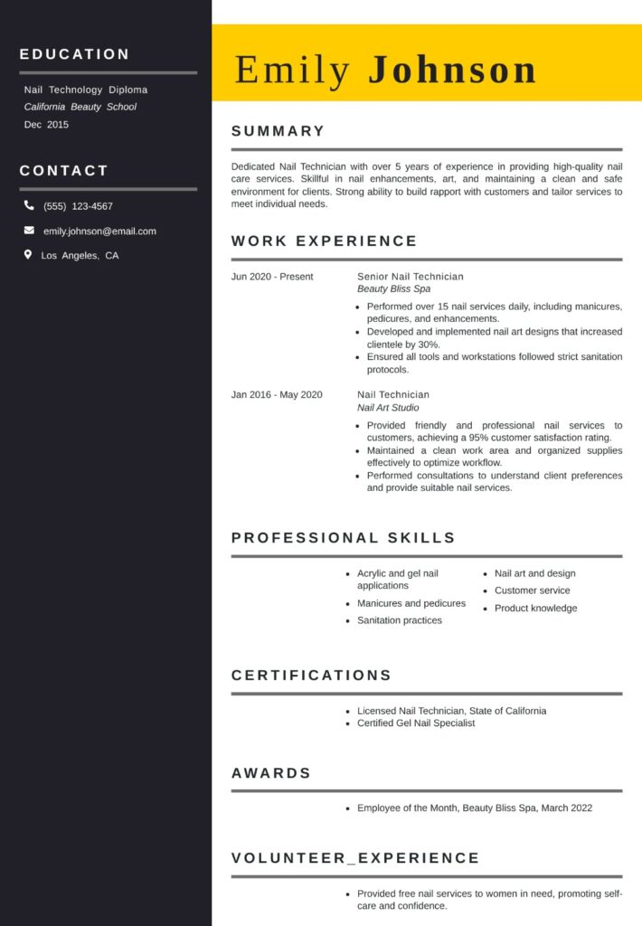 Nail Technician Resume template example featuring an ATS-friendly layout with professional sections for skills, work experience, certifications, education, and achievements.