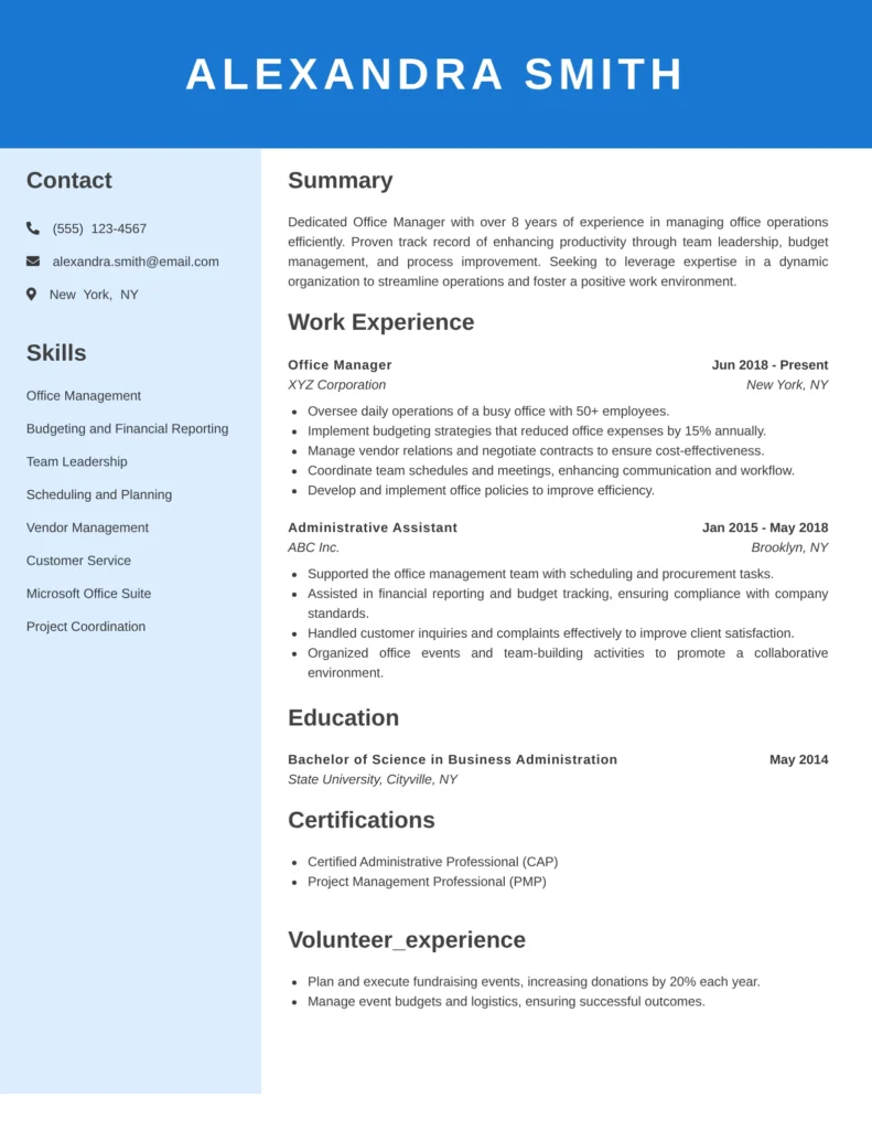 Office Manager resume template showcasing administrative leadership, office operations, and organizational management skills.