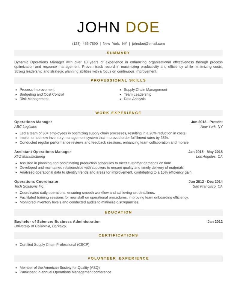 Operations Manager resume template highlighting process improvement, team leadership, budget management, and operational efficiency.