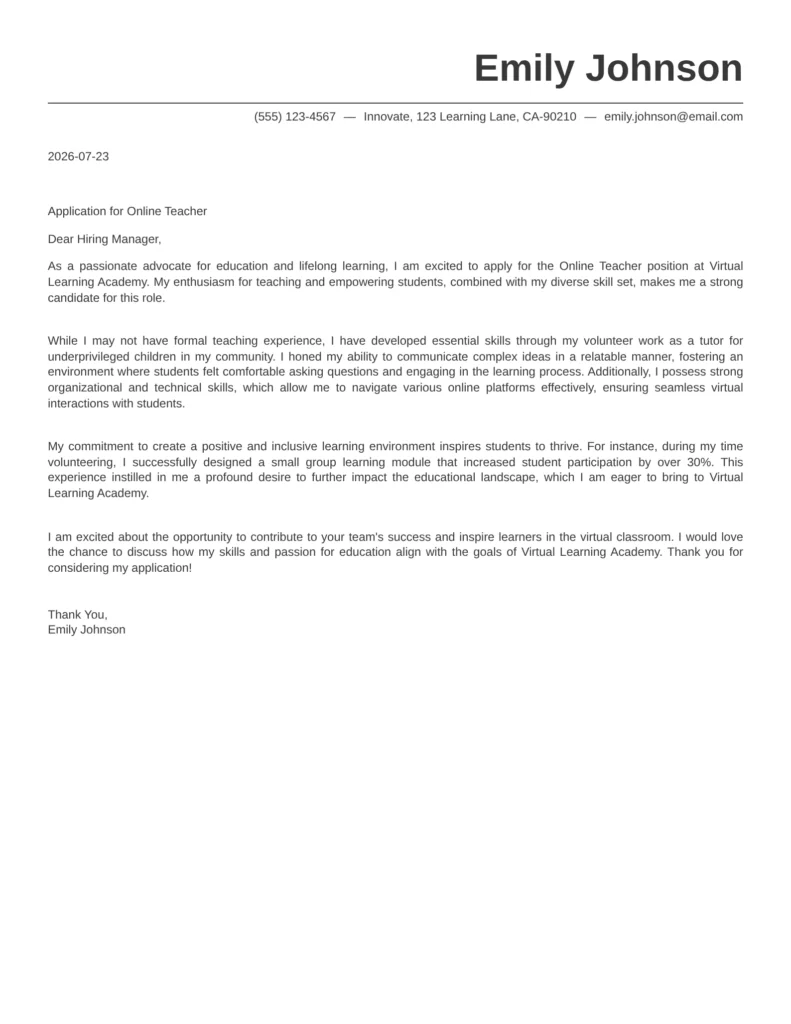 Cover Letter for No Experience example highlighting transferable skills, education, internships, and enthusiasm for learning.
