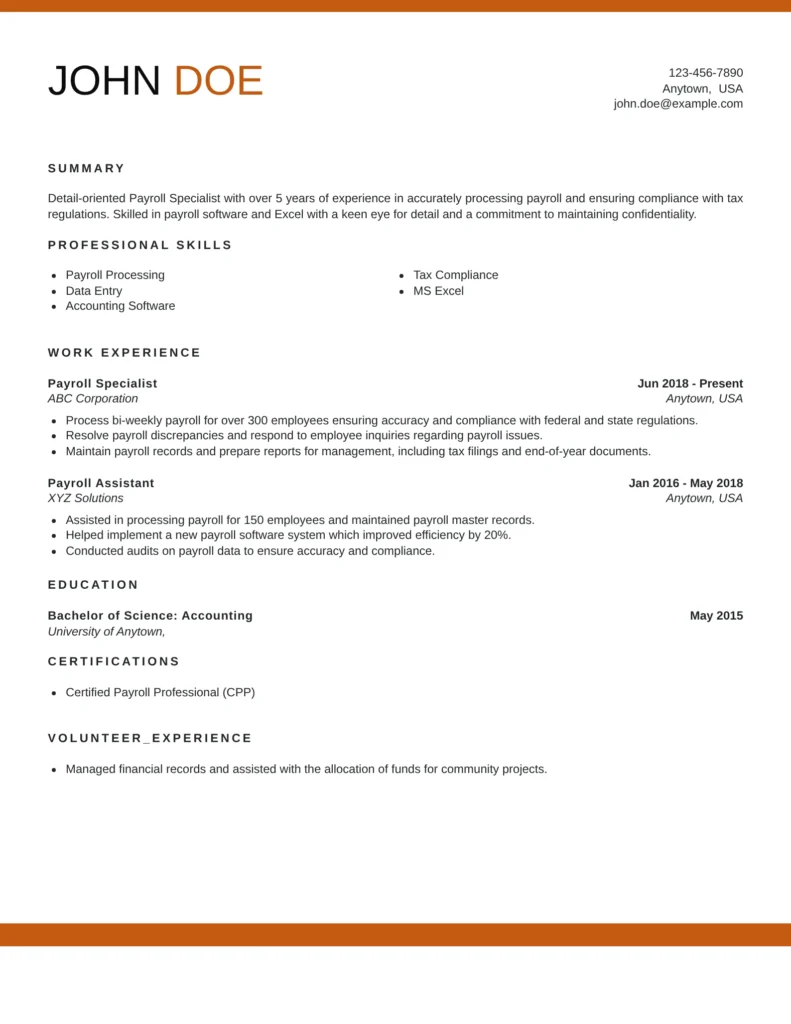 Payroll Specialist resume templates showcasing payroll processing, tax compliance, employee benefits administration, and HRIS systems.