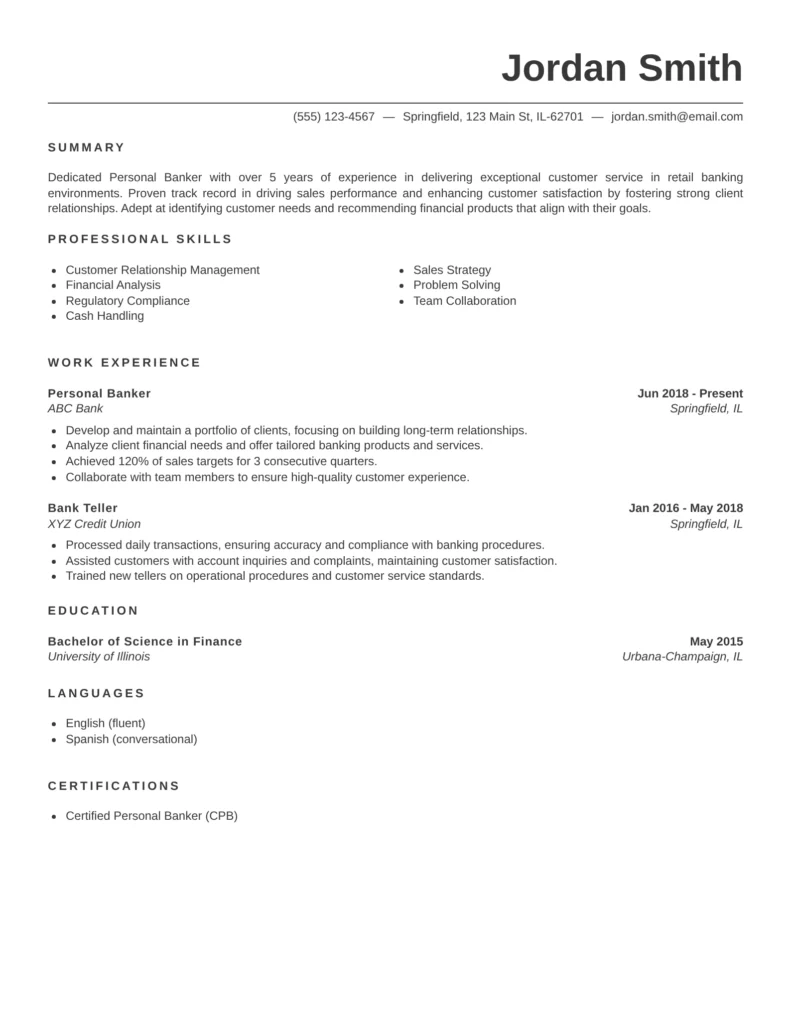 Personal Banker resume templates showcasing customer relationship management, financial products, sales performance, and banking expertise.