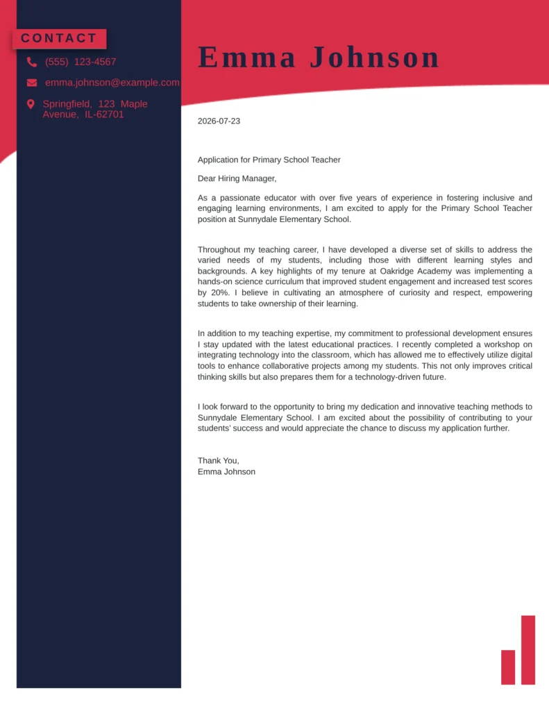 Primary School Teacher cover letter example showcasing early childhood education, lesson planning, and student development skills.