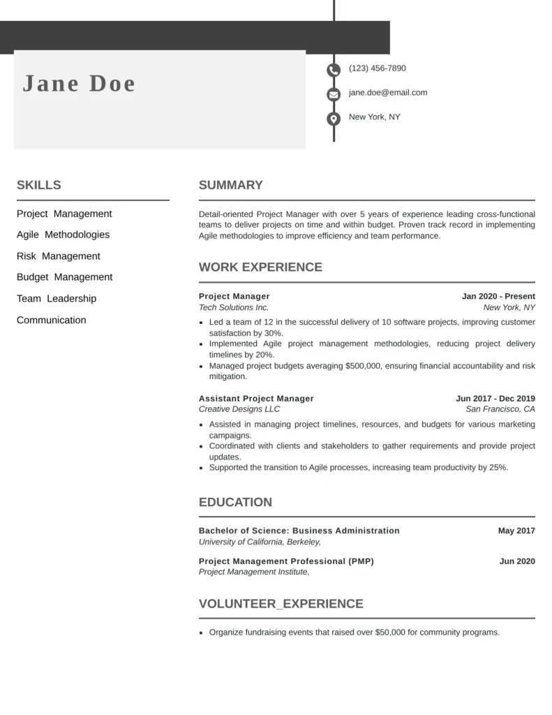 Project Manager resume template showcasing project planning, team coordination, budget management, and timely project delivery.