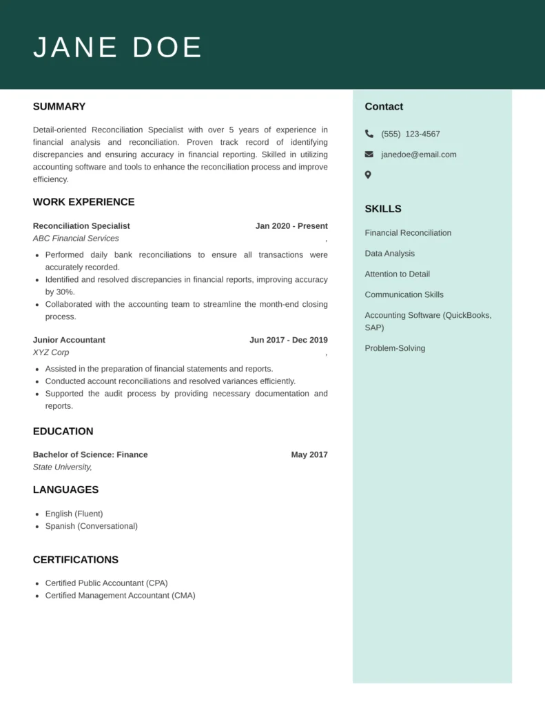 Reconciliation Specialist resume templates highlighting account reconciliation, discrepancy resolution, financial reporting, and accuracy