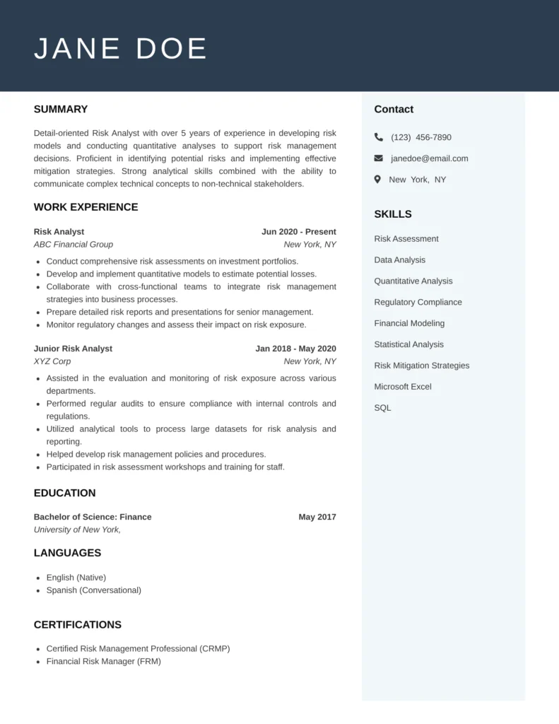 Risk Analyst resume templates showcasing risk assessment, regulatory compliance, financial analysis, and risk mitigation strategies.