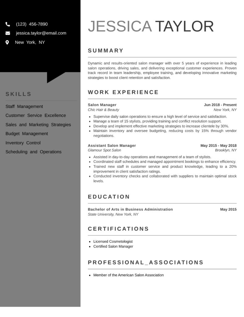 Salon Manager Resume template example featuring an ATS-friendly layout highlighting leadership, salon operations, team management, customer service, budgeting, and professional achievements.